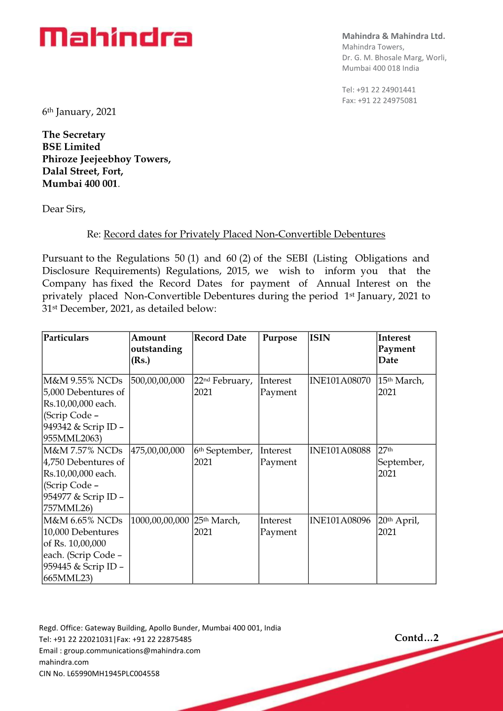 6Th January, 2021 the Secretary BSE Limited Phiroze Jeejeebhoy Towers, Dalal Street, Fort, Mumbai 400 001. Dear Sirs, Re: Record