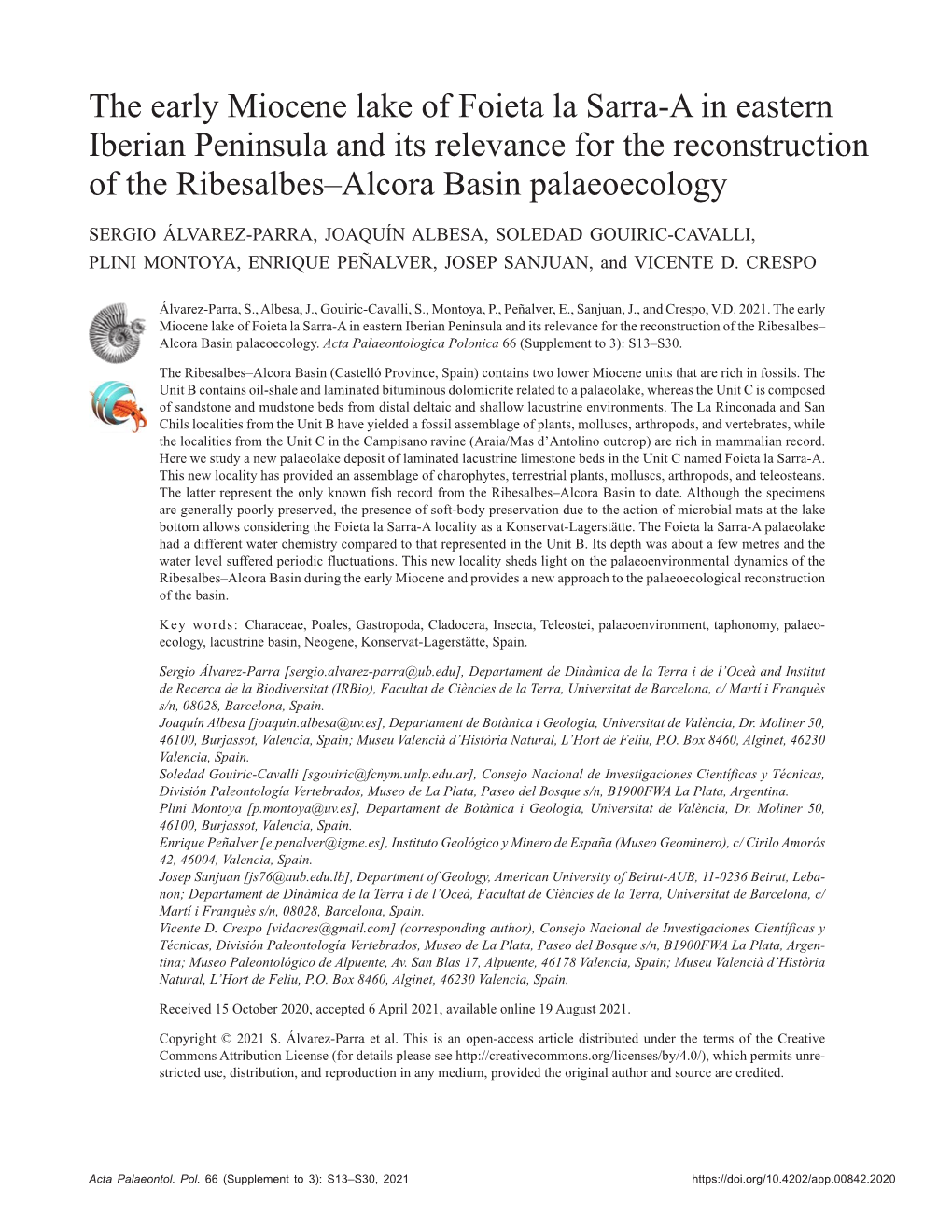 The Early Miocene Lake of Foieta La Sarra-A in Eastern Iberian Peninsula and Its Relevance for the Reconstruction of the Ribesalbes–Alcora Basin Palaeoecology