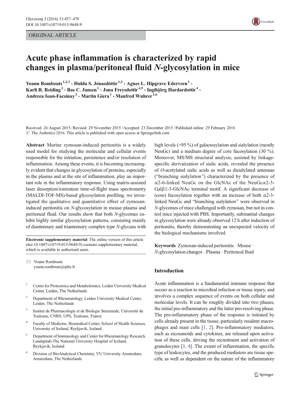 Acute Phase Inflammation Is Characterized by Rapid Changes in Plasma/Peritoneal Fluid N-Glycosylation in Mice