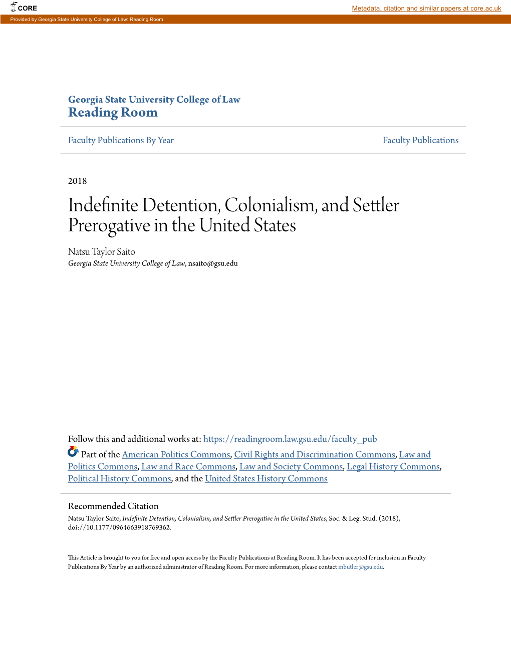 Indefinite Detention, Colonialism, and Settler Prerogative in the United States Natsu Taylor Saito Georgia State University College of Law, Nsaito@Gsu.Edu