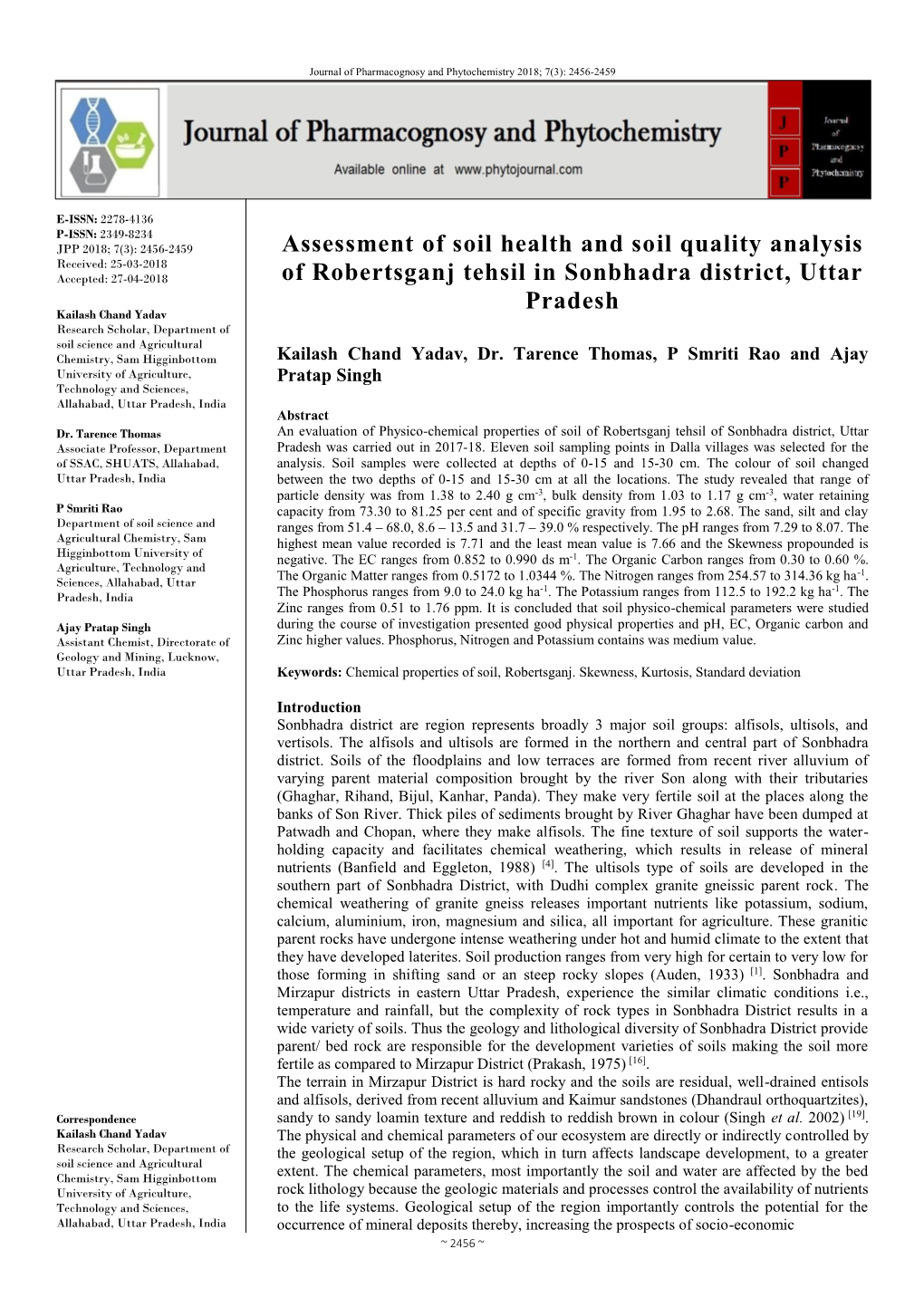 Assessment of Soil Health and Soil Quality Analysis of Robertsganj Tehsil in Sonbhadra District, Uttar Pradesh