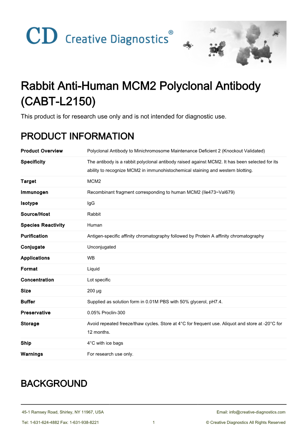 Rabbit Anti-Human MCM2 Polyclonal Antibody (CABT-L2150) This Product Is for Research Use Only and Is Not Intended for Diagnostic Use