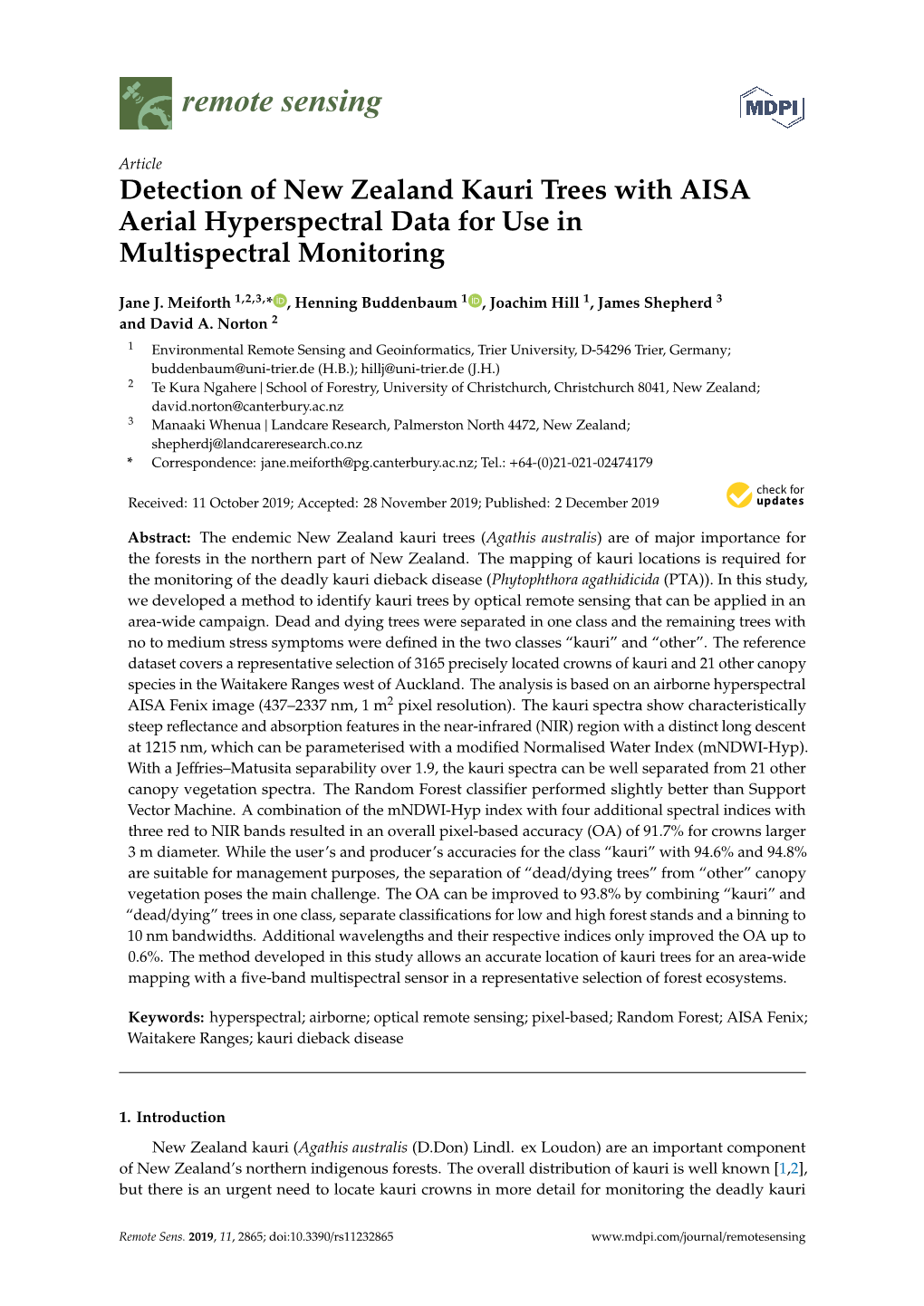 Detection of New Zealand Kauri Trees with AISA Aerial Hyperspectral Data for Use in Multispectral Monitoring