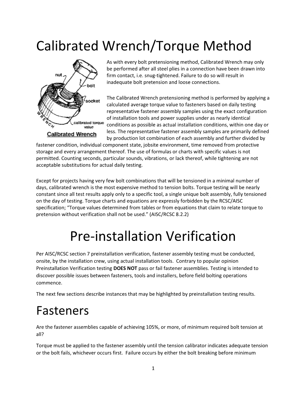 Calibrated Wrench/Torque Method Pre-Installation Verification