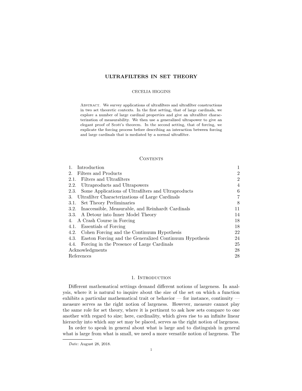 ULTRAFILTERS in SET THEORY Contents 1. Introduction 1 2. Filters