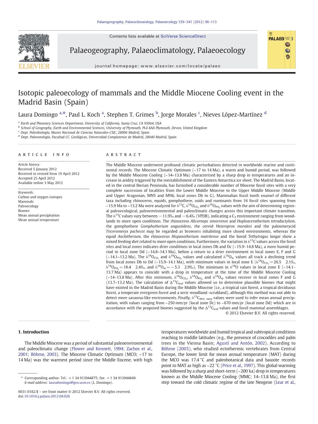 Isotopic Paleoecology of Mammals and the Middle Miocene Cooling Event in the Madrid Basin (Spain)
