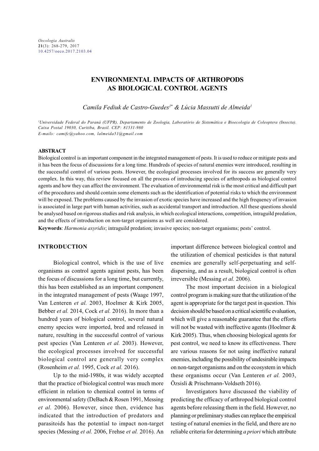 Environmental Impacts of Arthropods As Biological Control Agents