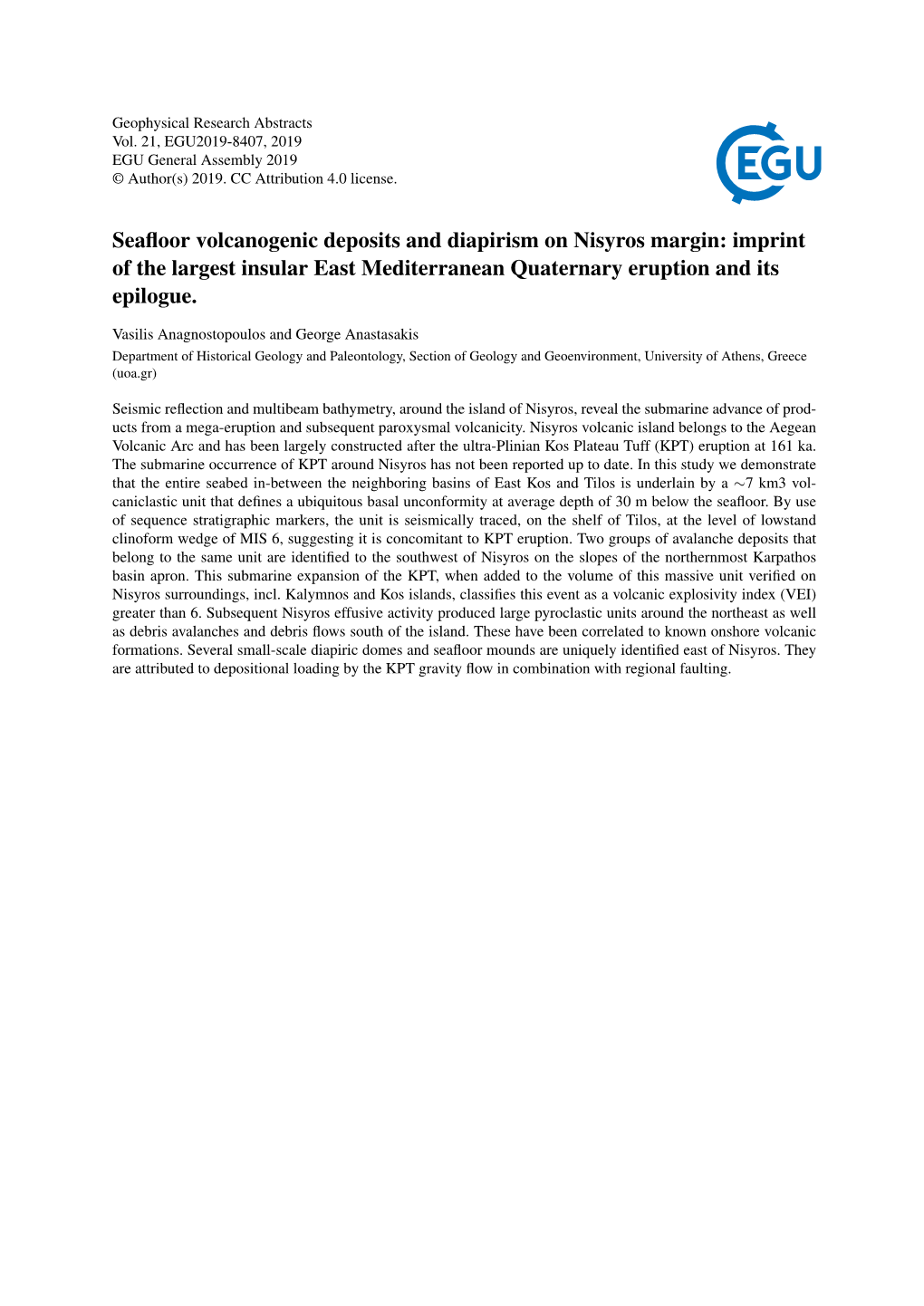 Seafloor Volcanogenic Deposits and Diapirism on Nisyros Margin: Imprint
