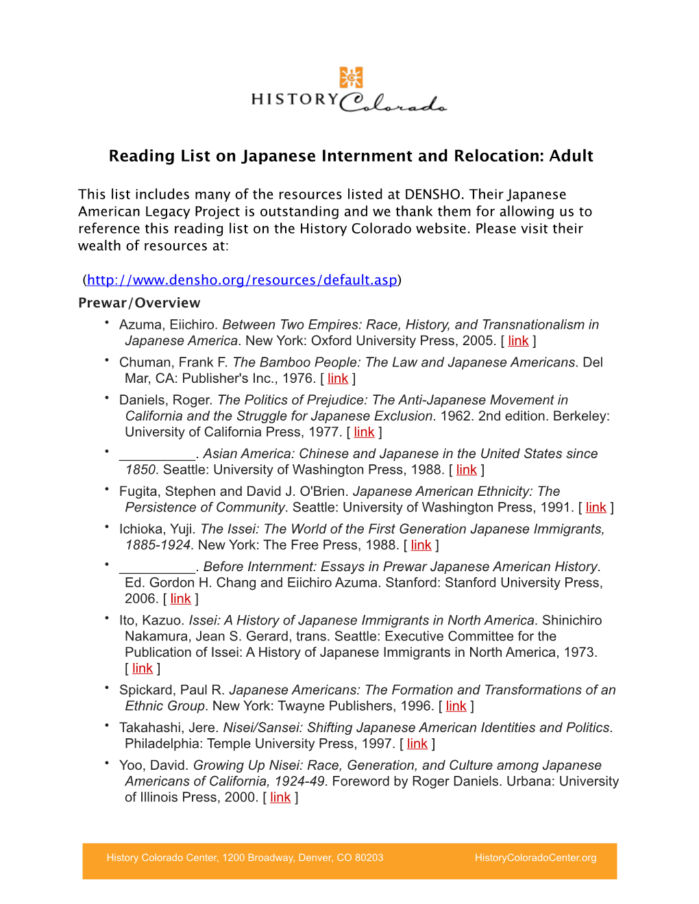 Reading List on Japanese Internment and Relocation: Adult