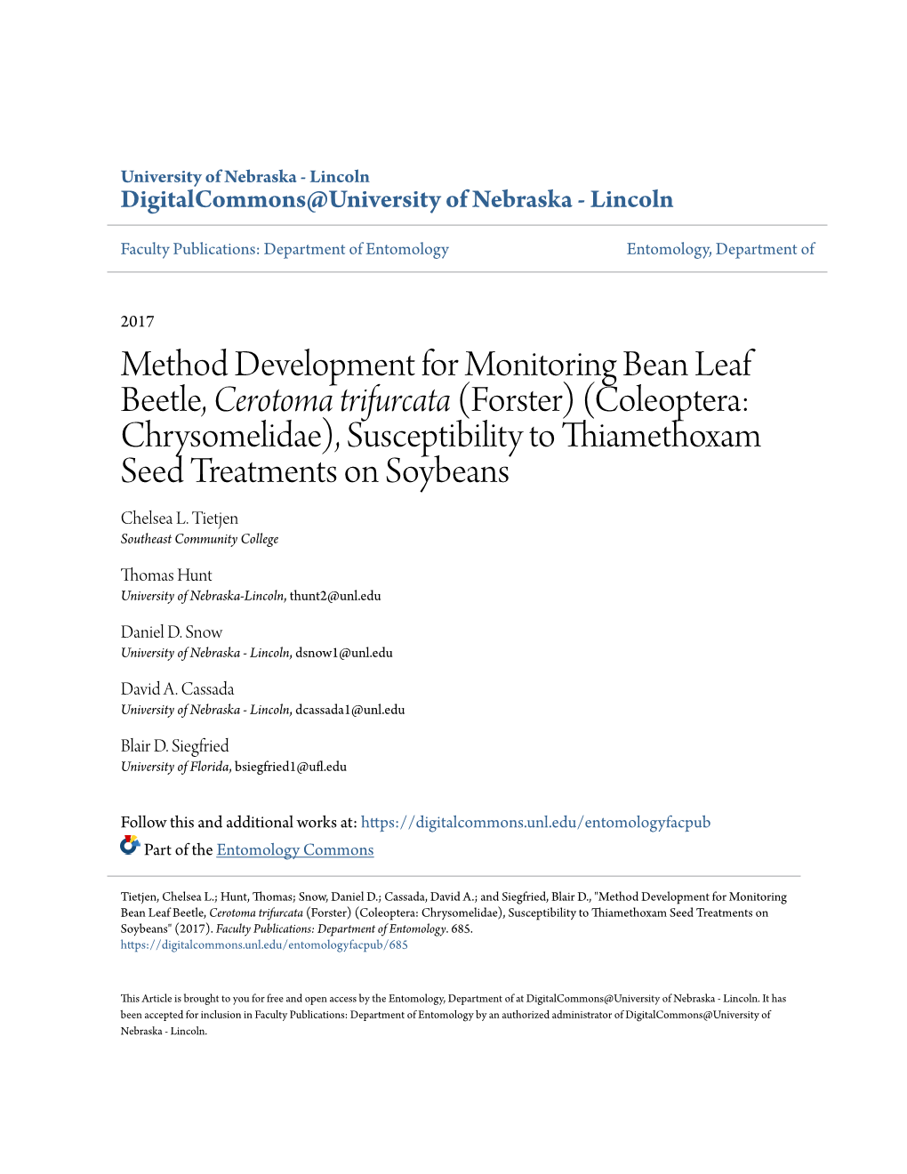 Method Development for Monitoring Bean Leaf Beetle, &lt;I&gt;Cerotoma Trifurcata&lt;/I&gt;