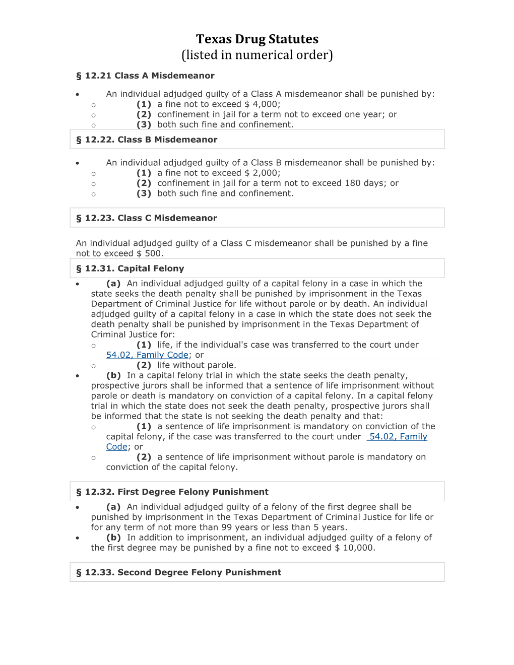 Texas Drug Statutes (Listed in Numerical Order) § 12.21 Class a Misdemeanor