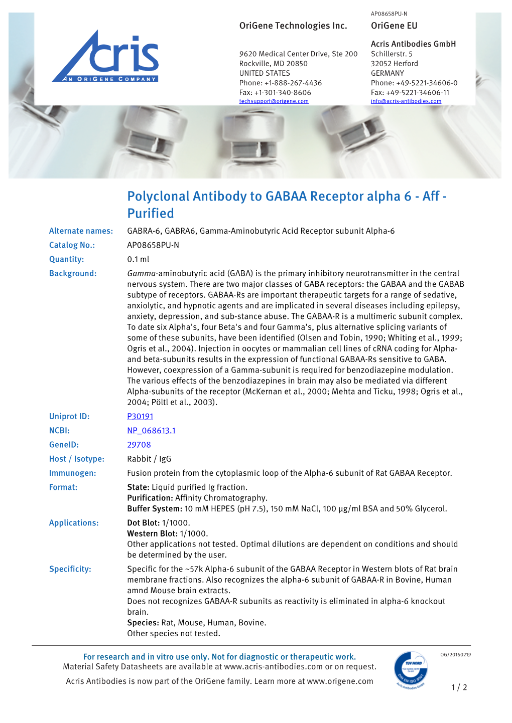 Polyclonal Antibody to GABAA Receptor Alpha 6