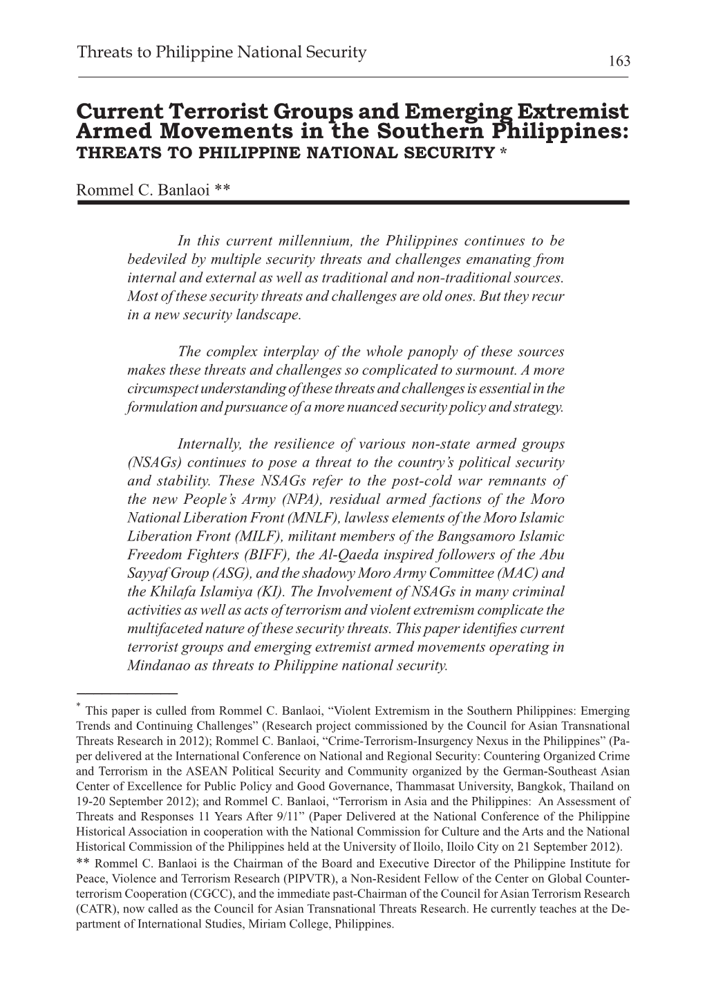 Current Terrorist Groups and Emerging Extremist Armed Movements in the Southern Philippines: THREATS to PHILIPPINE NATIONAL SECURITY *