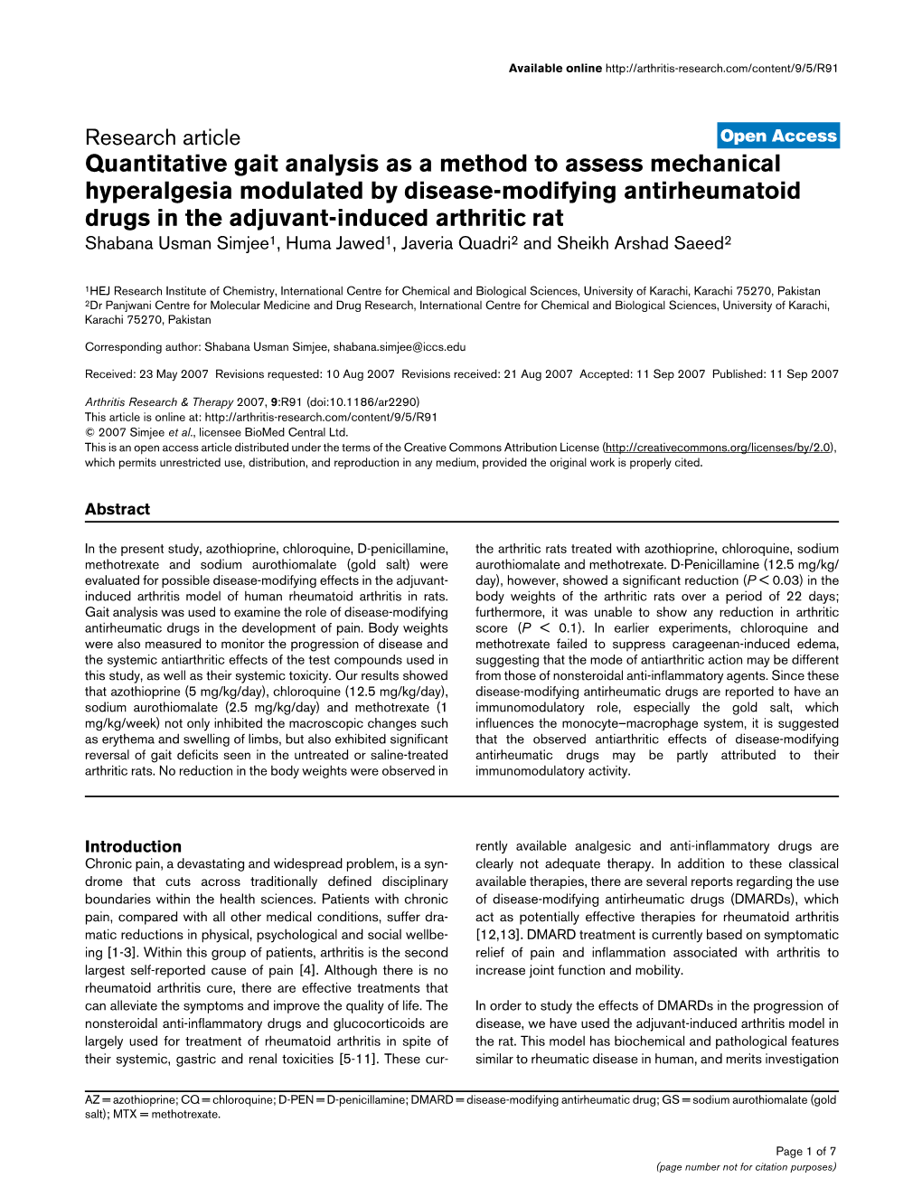 Quantitative Gait Analysis As a Method to Assess Mechanical Hyperalgesia