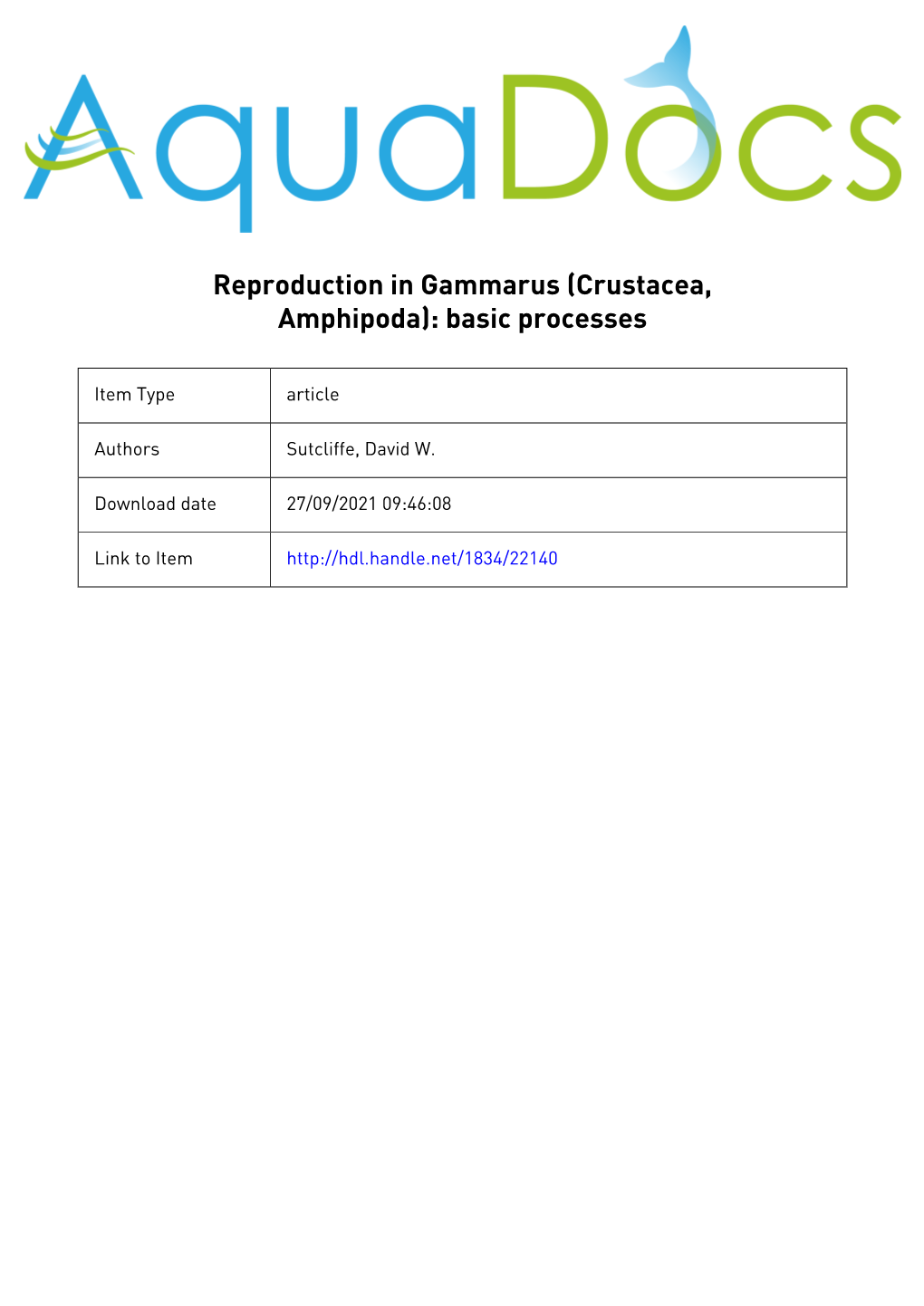 Reproduction in Gammarus (Crustacea, Amphipoda): Basic Processes