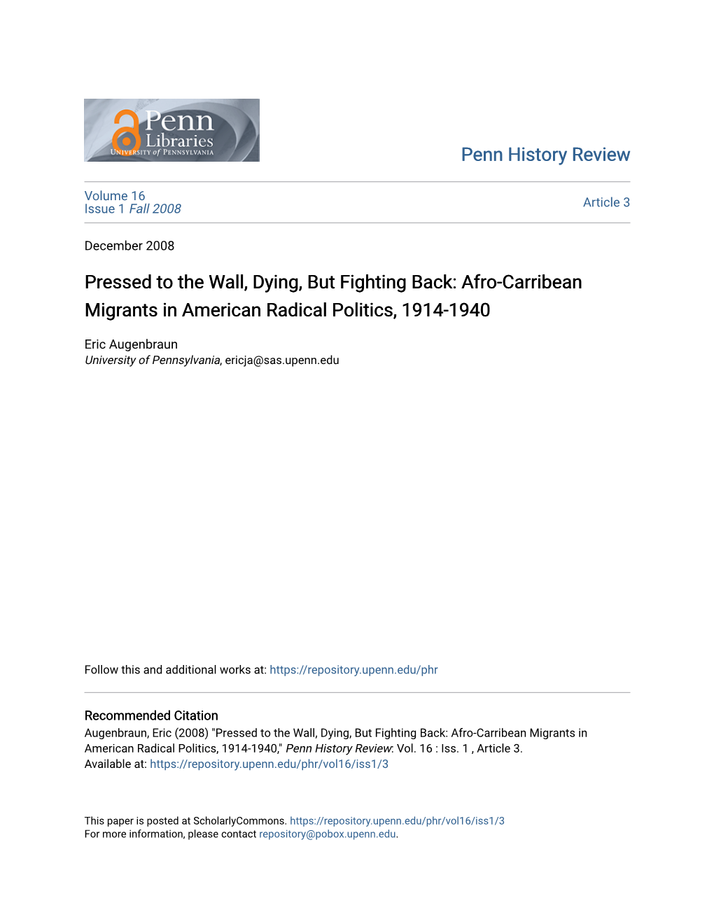 Afro-Carribean Migrants in American Radical Politics, 1914-1940