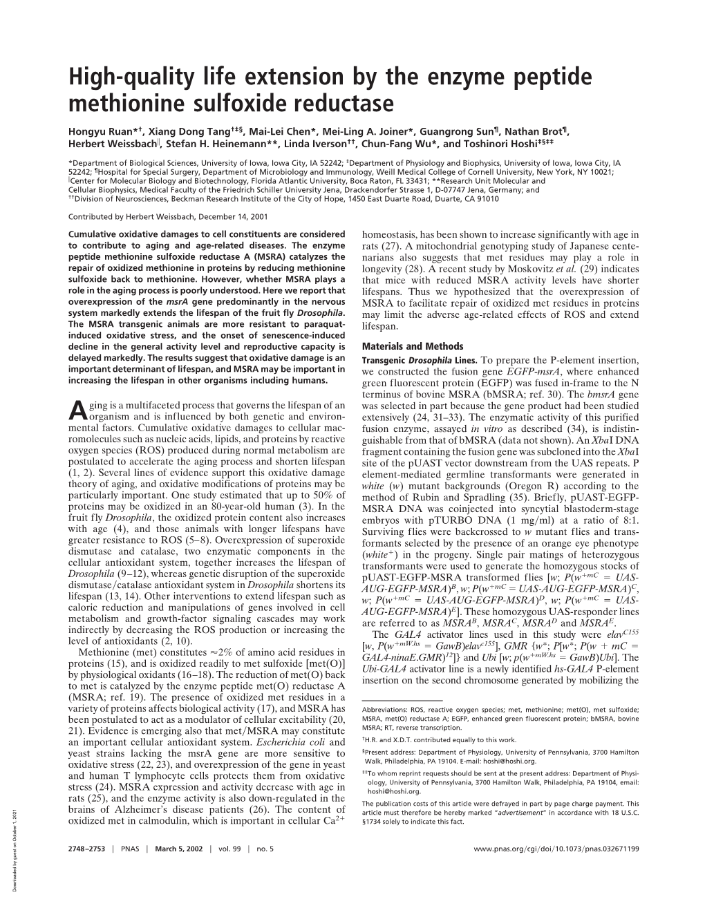 High-Quality Life Extension by the Enzyme Peptide Methionine Sulfoxide Reductase