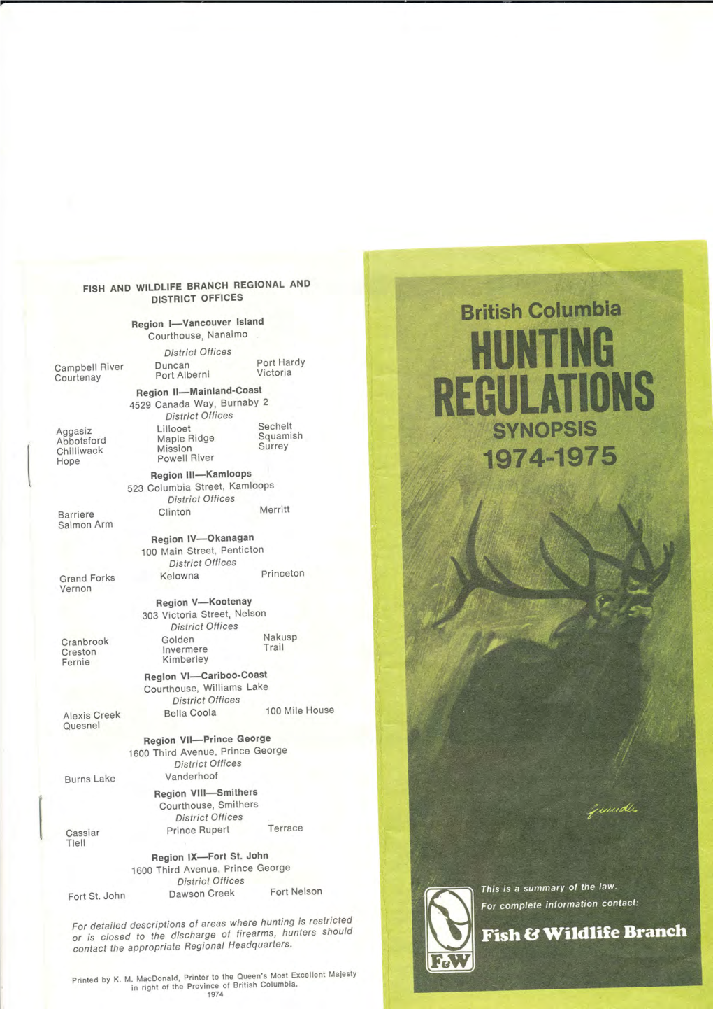 BC Hunting Regulations Synopsis 1974-75