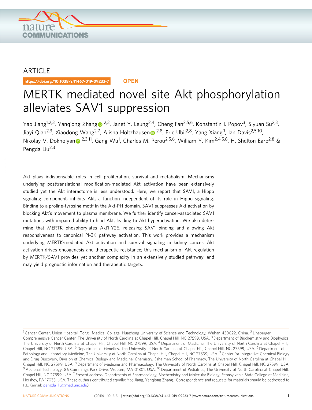 MERTK Mediated Novel Site Akt Phosphorylation Alleviates SAV1 Suppression