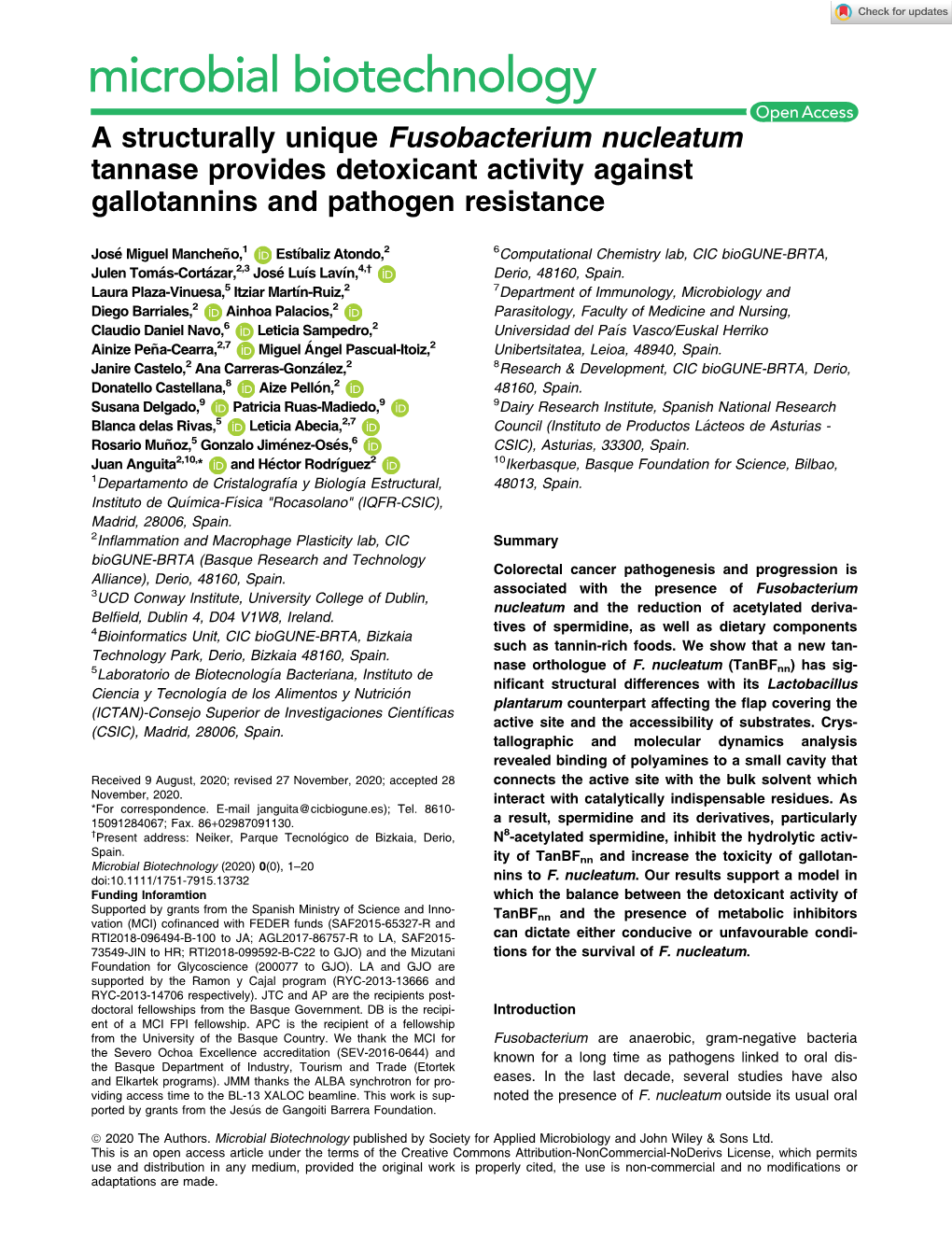 A Structurally Unique Fusobacterium Nucleatum Tannase Provides Detoxicant Activity Against Gallotannins and Pathogen Resistance