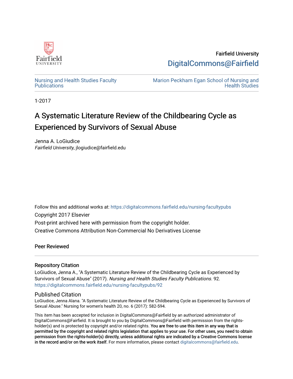 A Systematic Literature Review of the Childbearing Cycle As Experienced by Survivors of Sexual Abuse