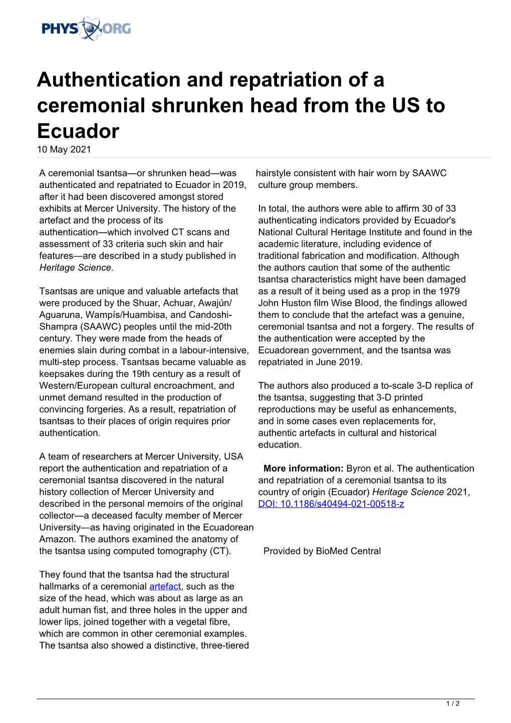 Authentication and Repatriation of a Ceremonial Shrunken Head from the US to Ecuador 10 May 2021