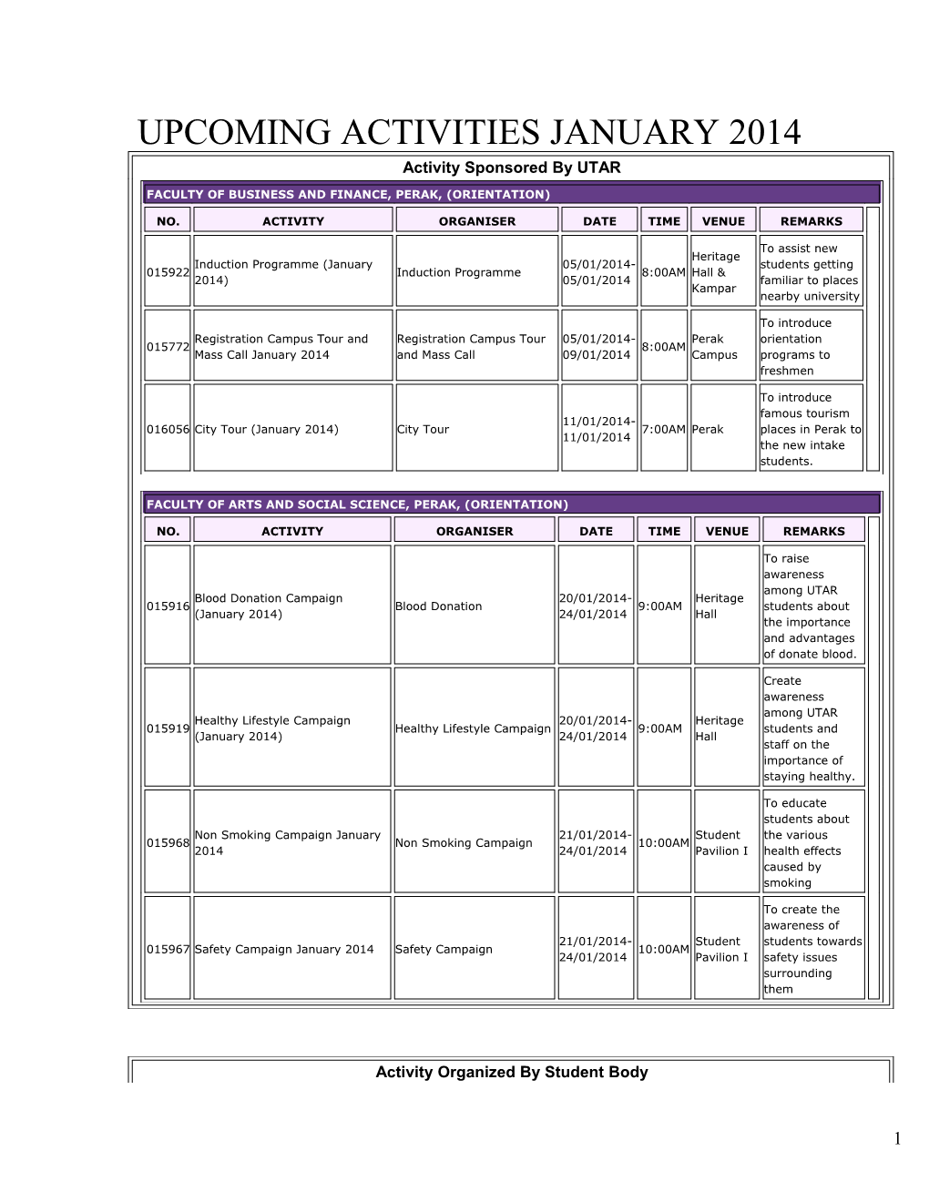 Upcoming Activities January 2014