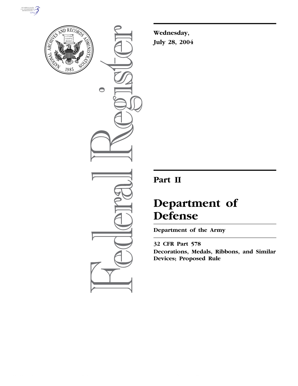 Department of Defense Department of the Army
