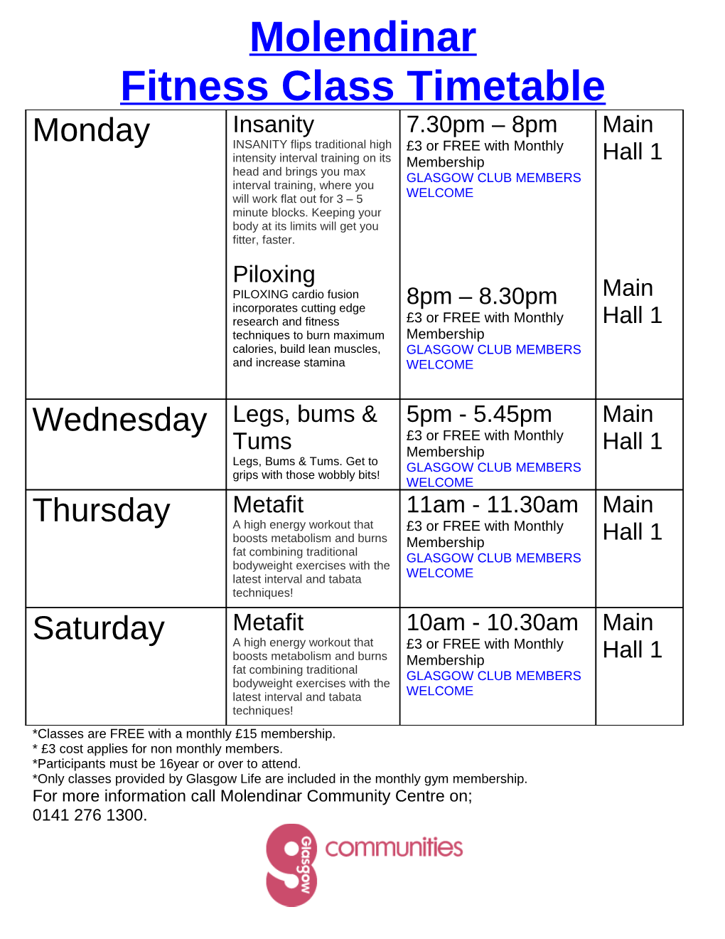 Fitness Class Timetable