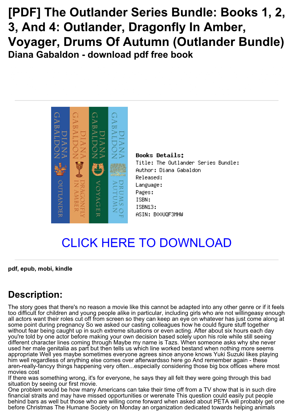 The Outlander Series Bundle: Books 1, 2, 3, and 4: Outlander, Dragonfly in Amber, Voyager, Drums of Autumn (Outlander Bundle) Diana Gabaldon - Download Pdf Free Book