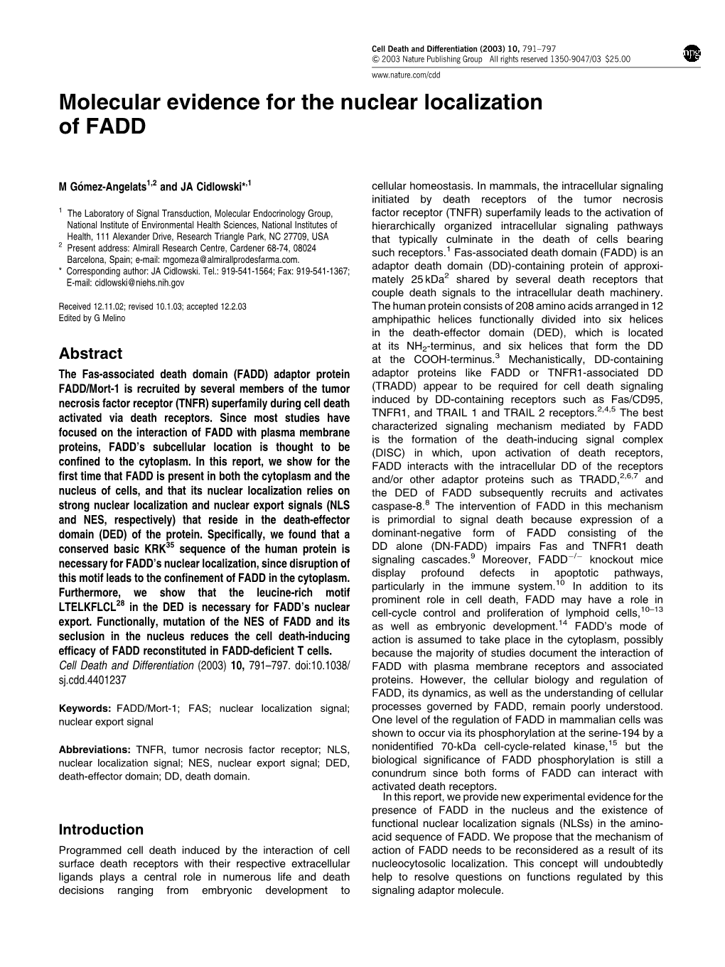 Molecular Evidence for the Nuclear Localization of FADD