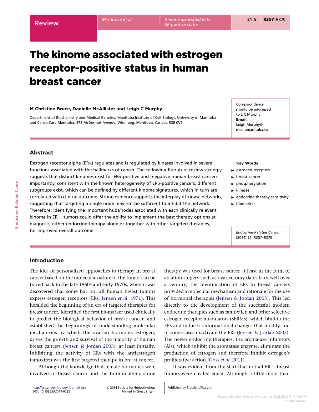 The Kinome Associated with Estrogen Receptor-Positive Status in Human Breast Cancer