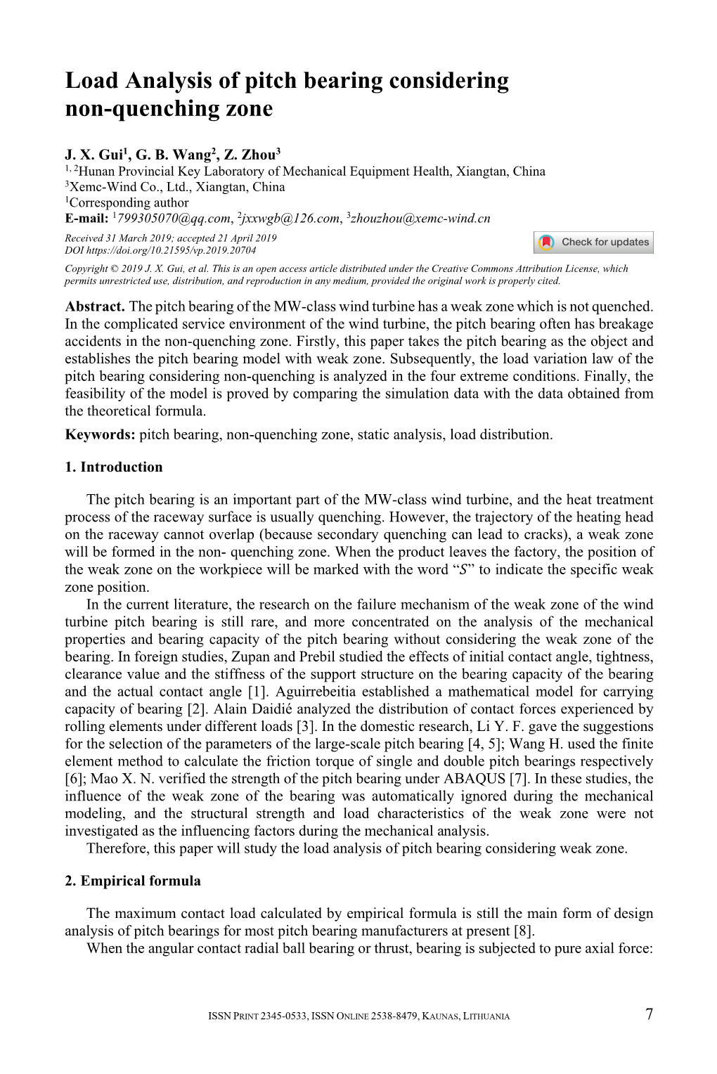 Load Analysis of Pitch Bearing Considering Non-Quenching Zone