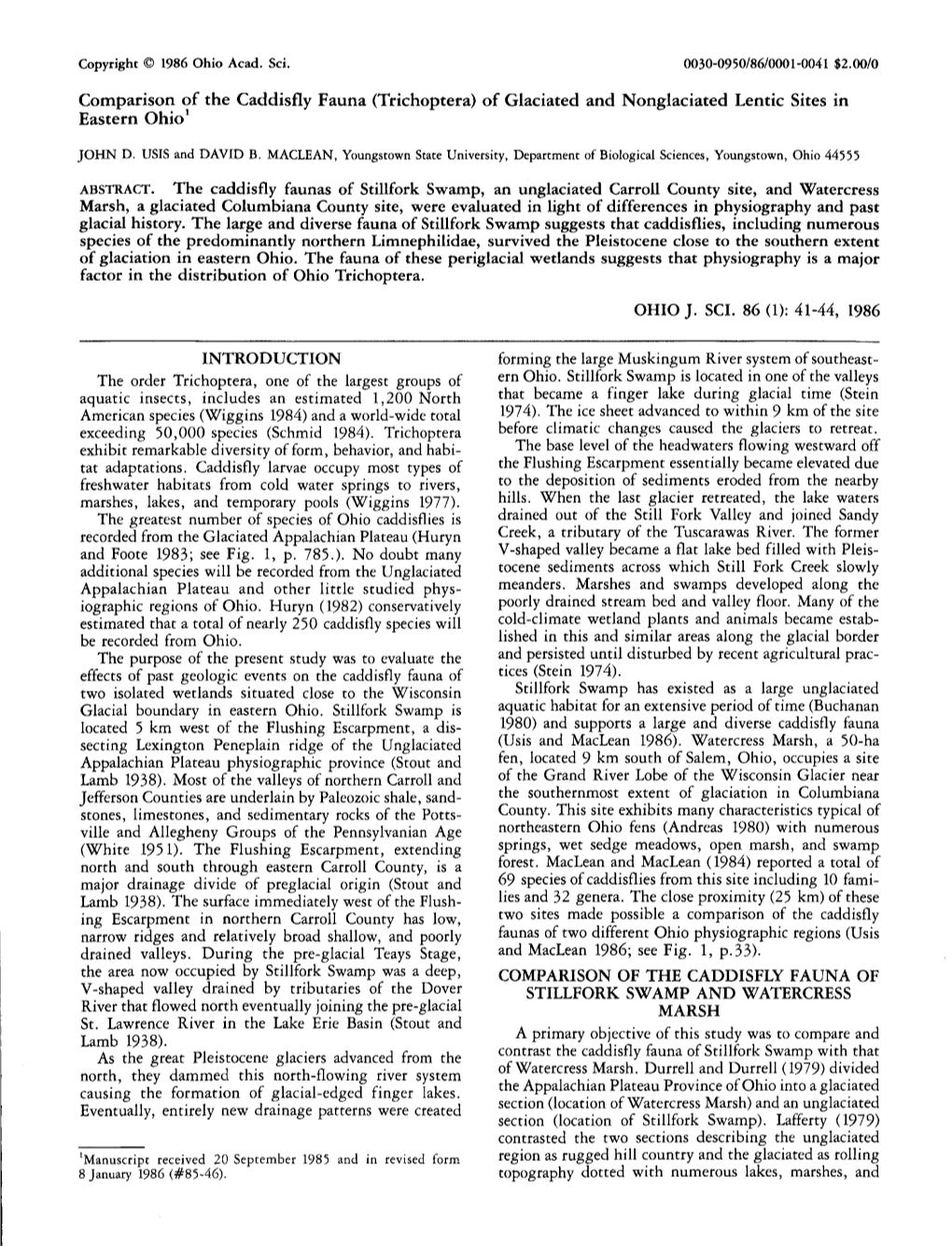 Comparison of Caddisfly Fauna (Trichoptera) of Glaciated And