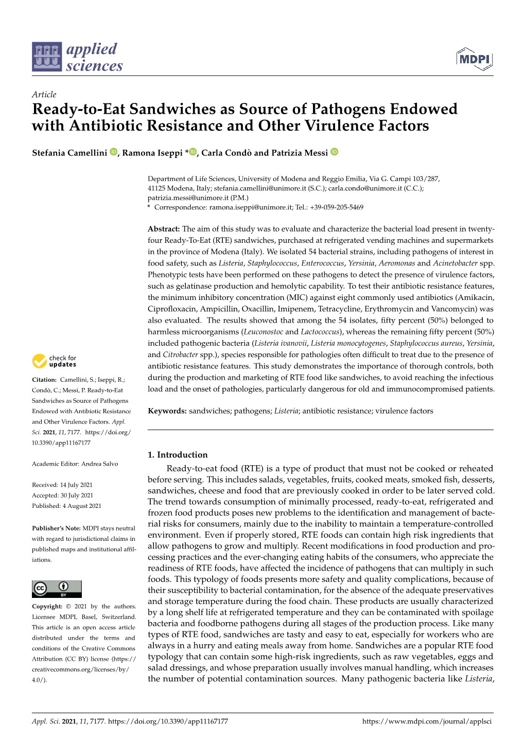 Ready-To-Eat Sandwiches As Source of Pathogens Endowed with Antibiotic Resistance and Other Virulence Factors