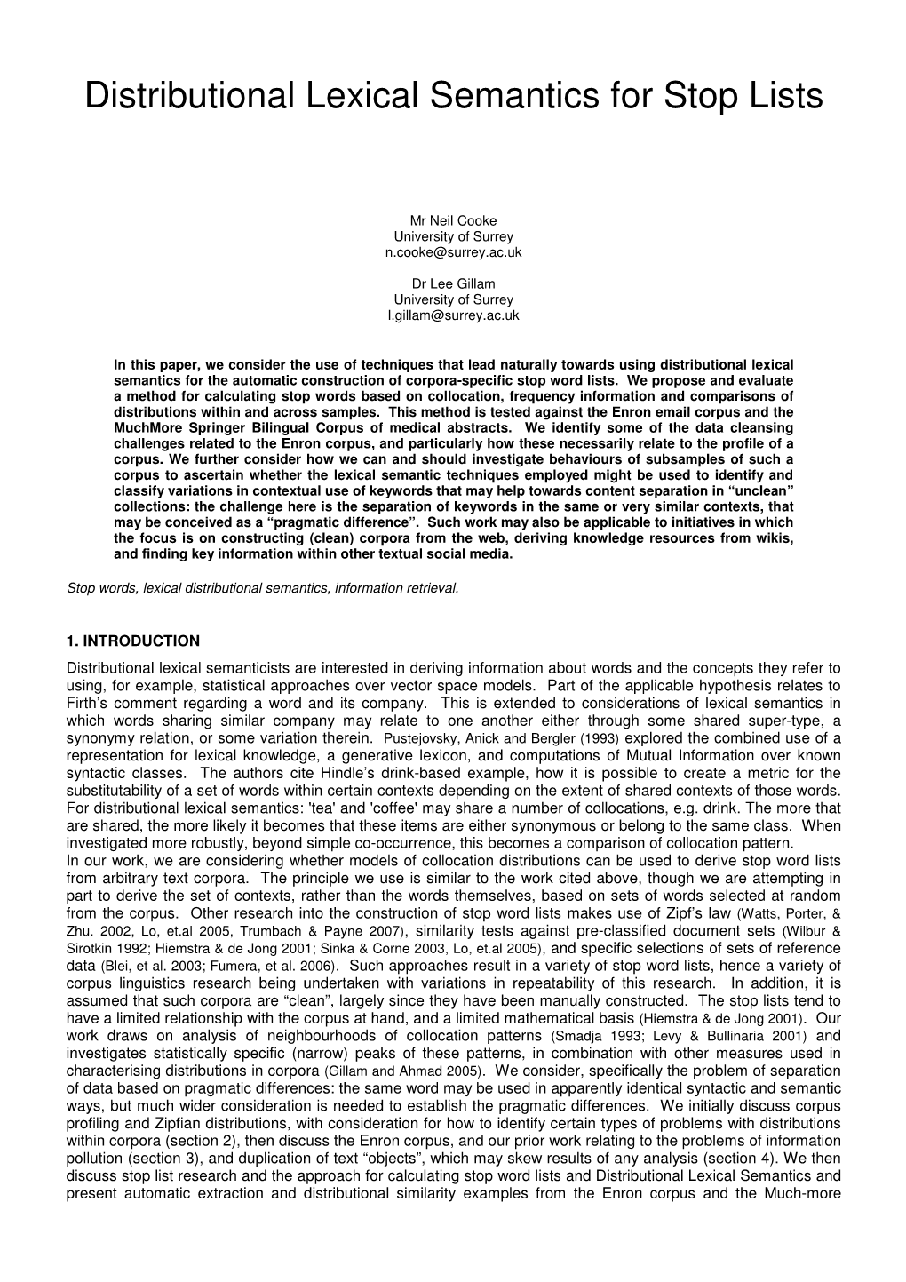 Distributional Lexical Semantics for Stop Lists