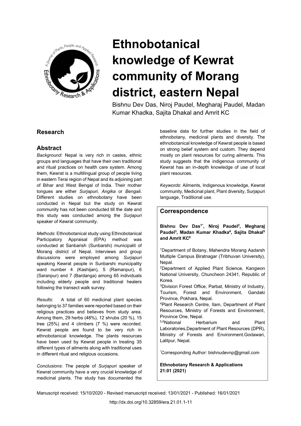 Ethnobotanical Knowledge of Kewrat Community of Morang District, Eastern Nepal Bishnu Dev Das, Niroj Paudel, Megharaj Paudel, Madan