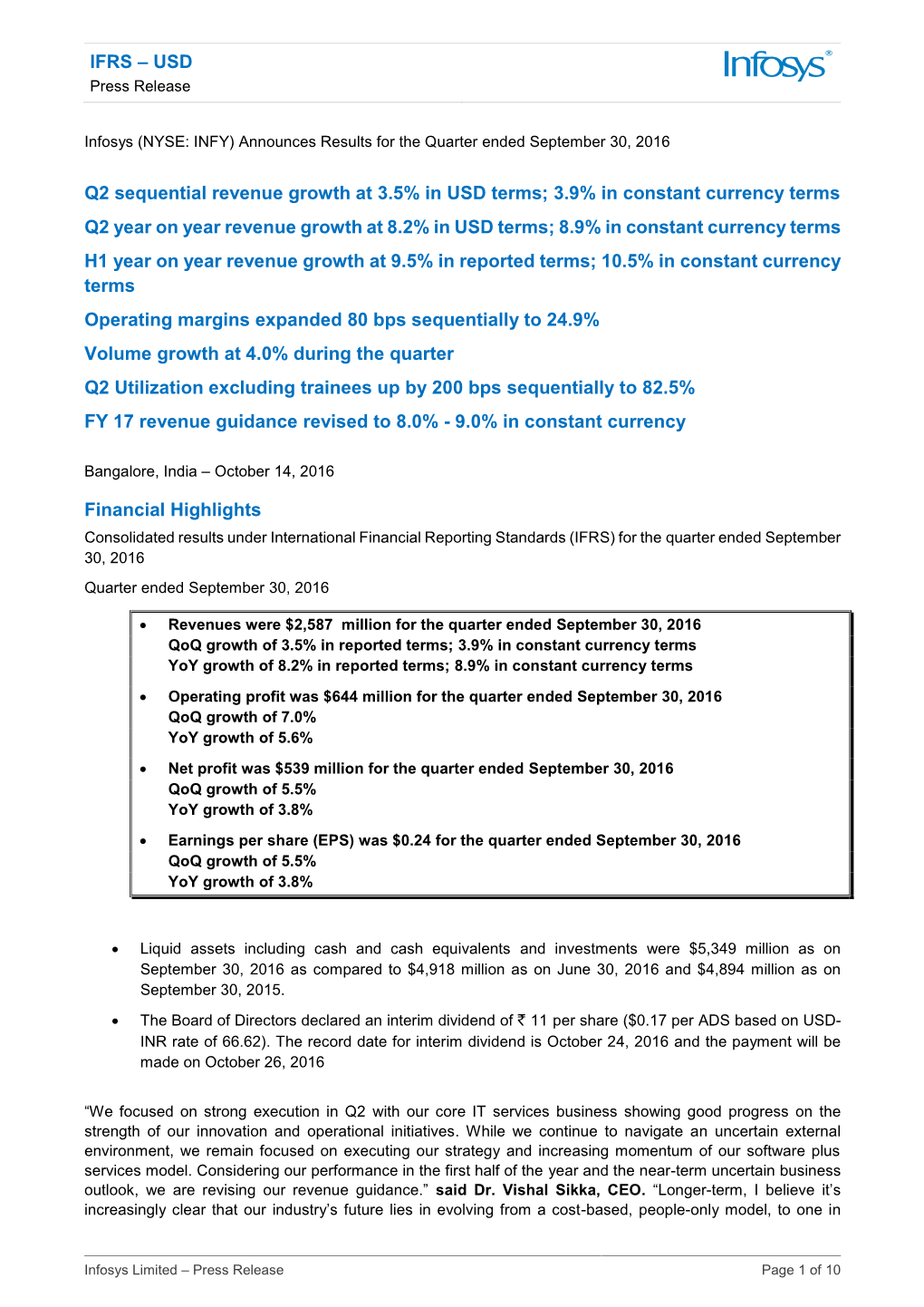 IFRS – USD Q2 Sequential Revenue Growth at 3.5% in USD