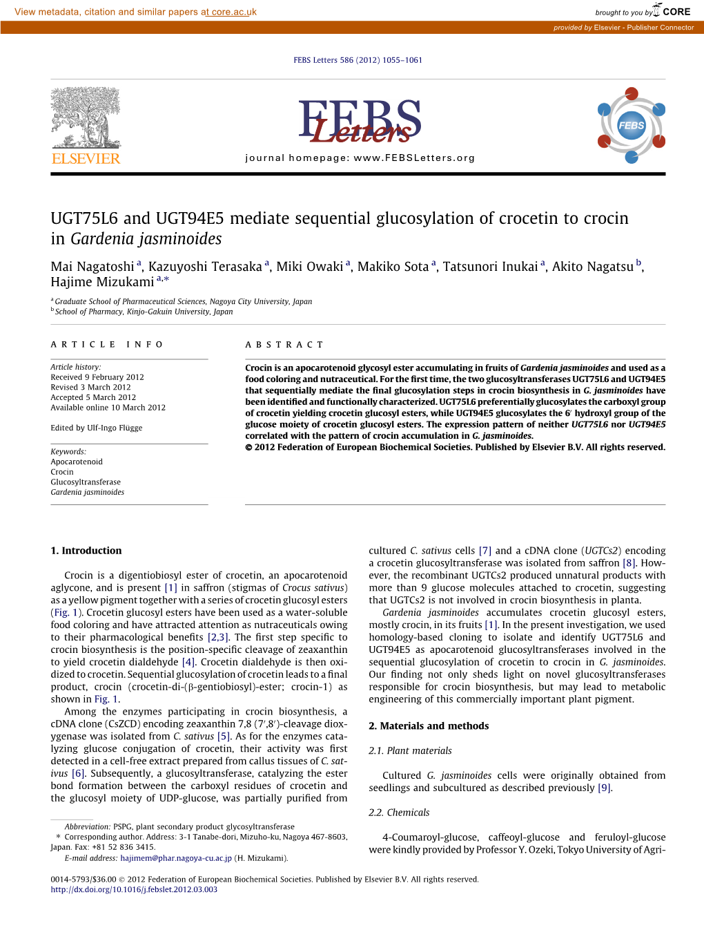 UGT75L6 and UGT94E5 Mediate Sequential Glucosylation of Crocetin to Crocin in Gardenia Jasminoides