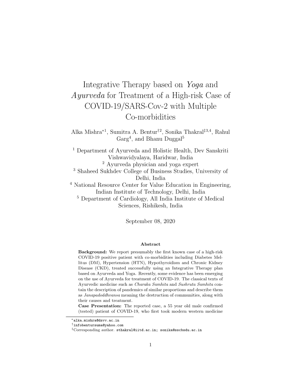 Integrative Therapy Based on Yoga and Ayurveda for Treatment of a High-Risk Case of COVID-19/SARS-Cov-2 with Multiple Co-Morbidities