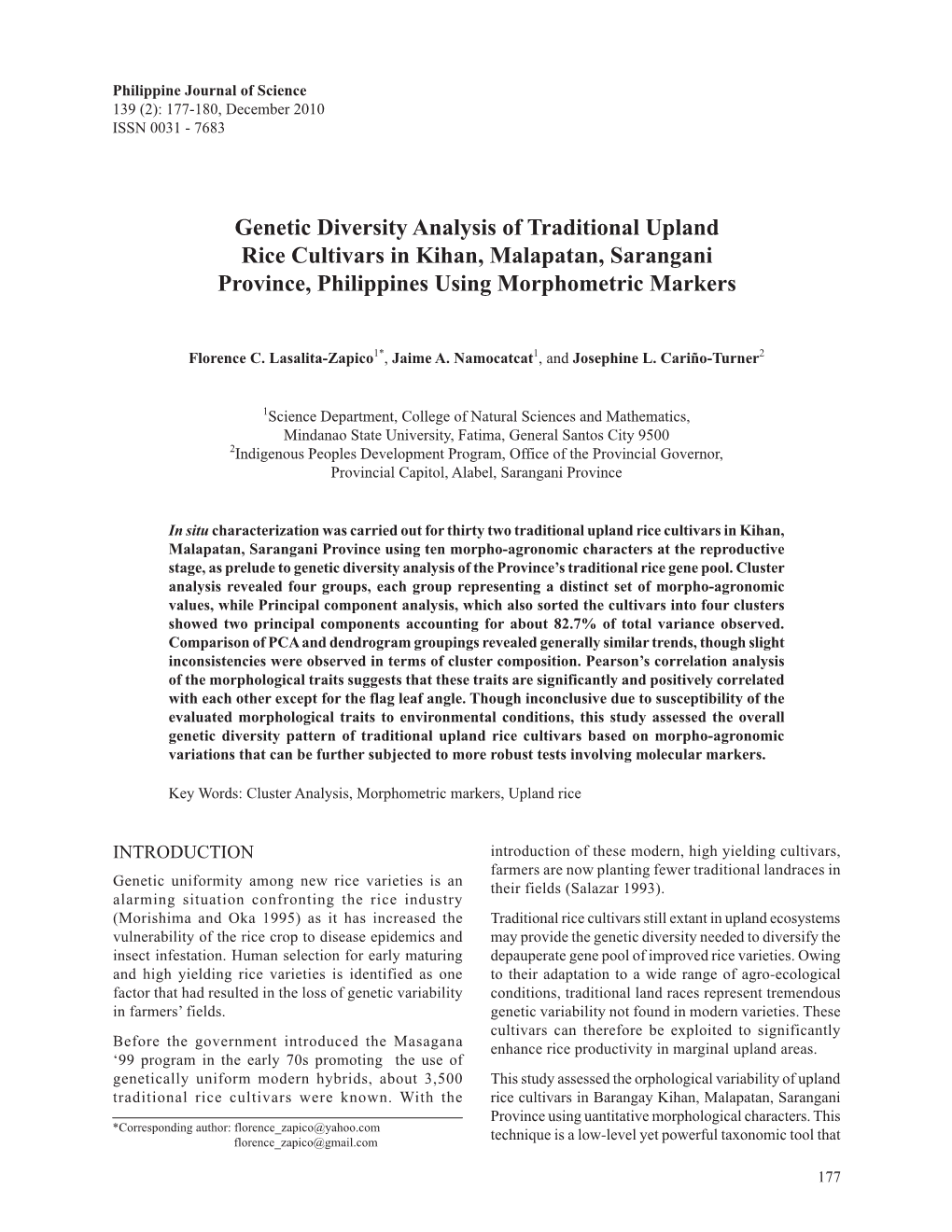Genetic Diversity Analysis of Traditional Upland Rice Cultivars in Kihan, Malapatan, Sarangani Province, Philippines Using Morphometric Markers