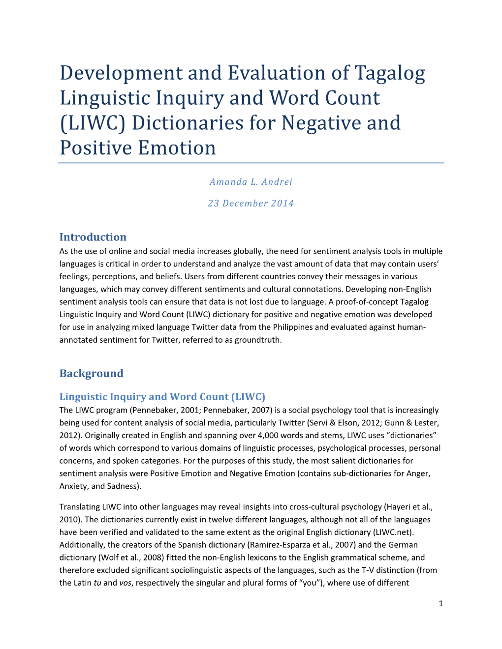 Development and Evaluation of Tagalog Linguistic Inquiry and Word Count (LIWC) Dictionaries for Negative and Positive Emotion