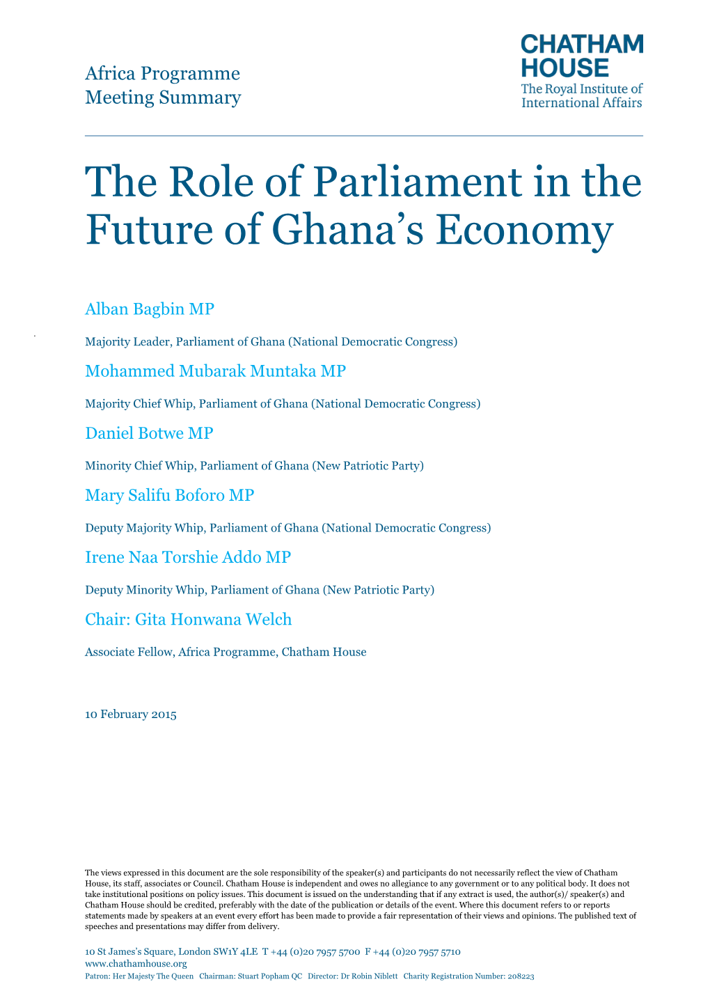 The Role of Parliament in the Future of Ghana's Economy
