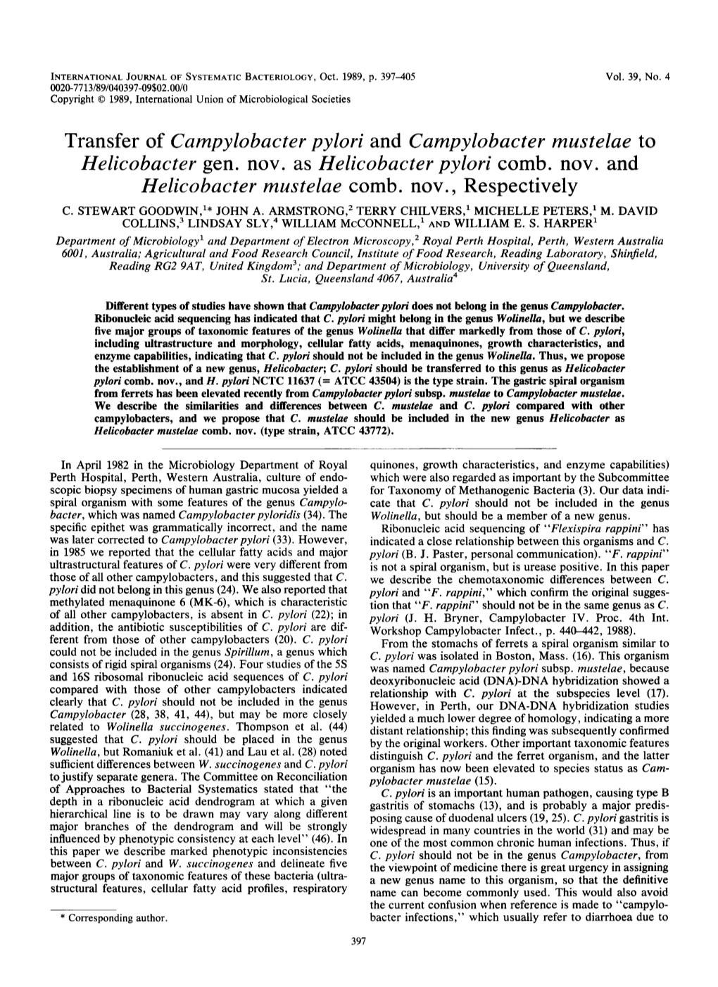 Transfer of Campylobacter Pylori and Campylobacter Mustelae to Helicobacter Gen