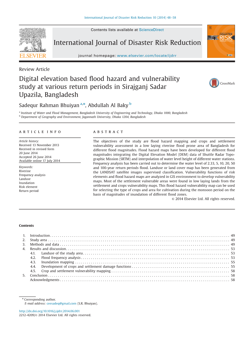 Digital Elevation Based Flood Hazard and Vulnerability Study at Various Return Periods in Sirajganj Sadar Upazila, Bangladesh