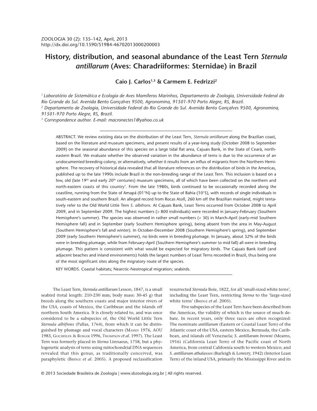 History, Distribution, and Seasonal Abundance of the Least Tern Sternula Antillarum (Aves: Charadriiformes: Sternidae) in Brazil