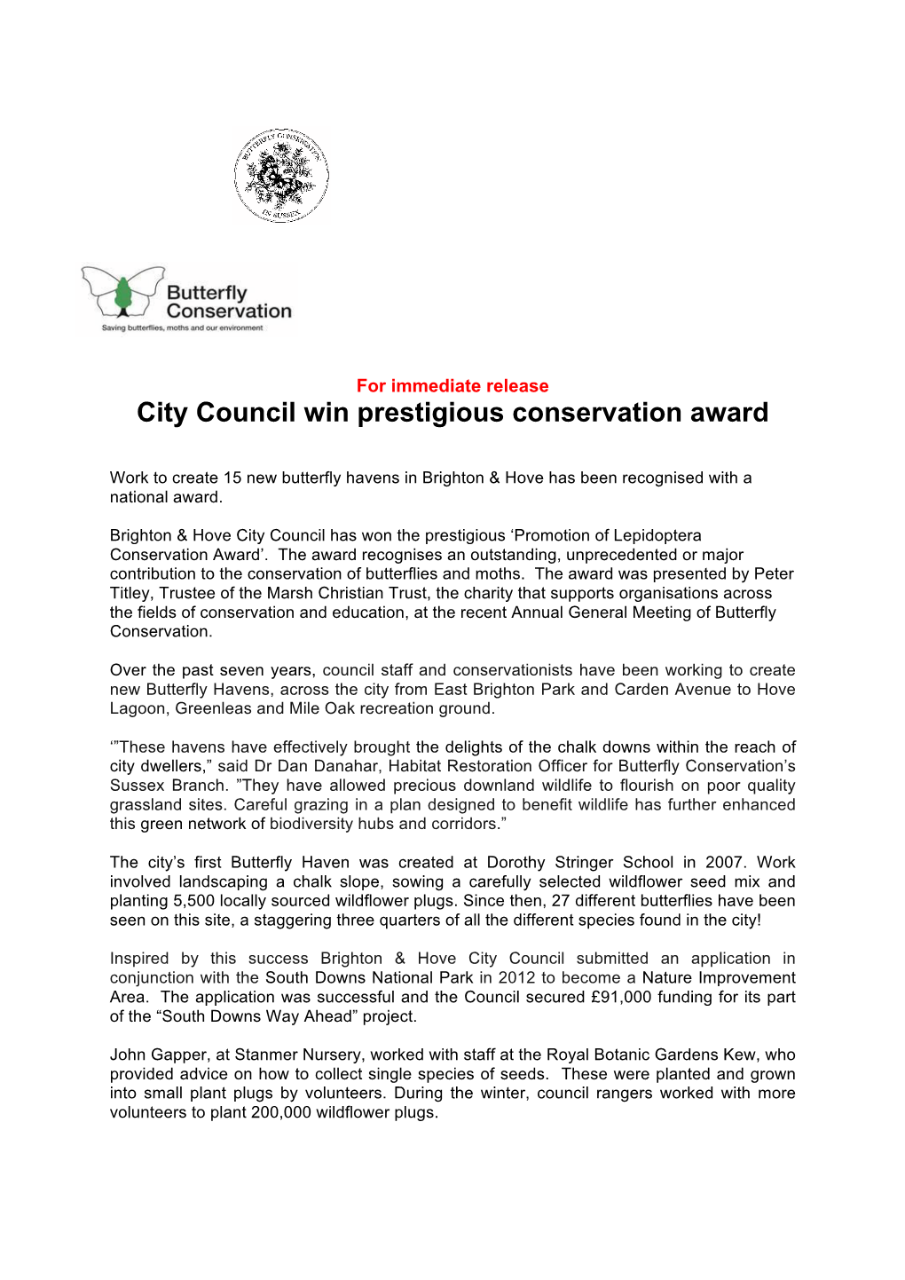 Award for Butterfly Haven