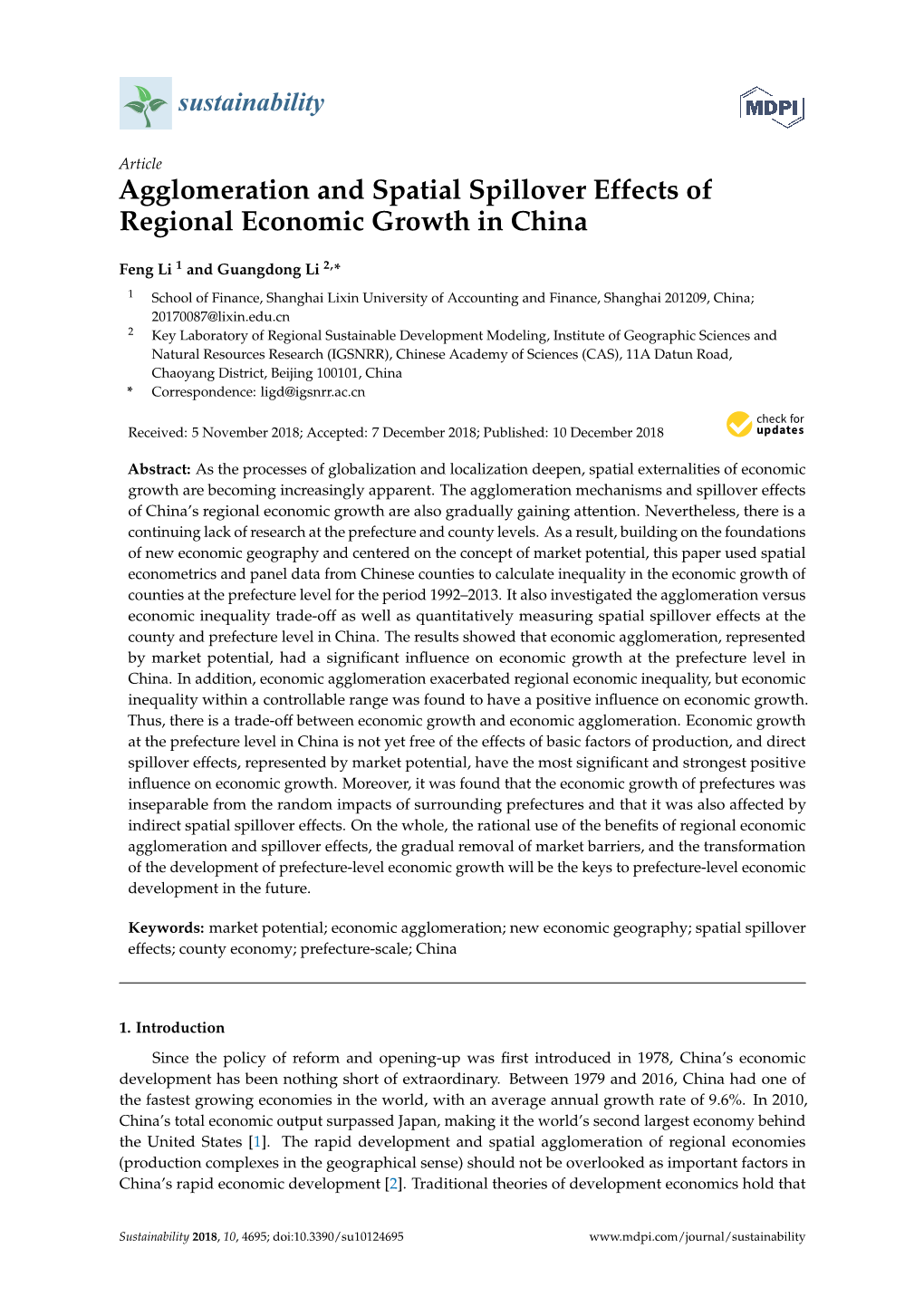 Agglomeration and Spatial Spillover Effects of Regional Economic Growth in China