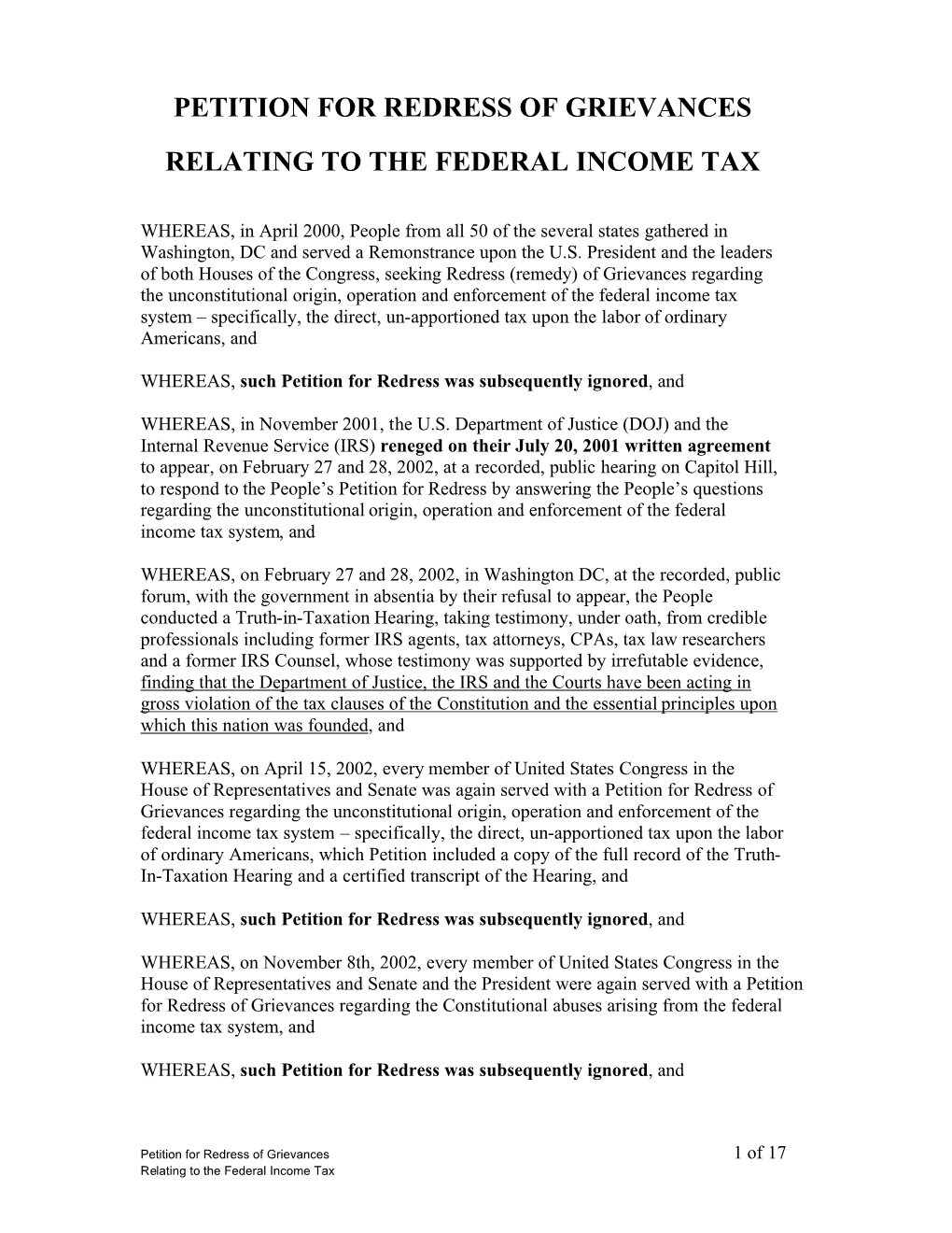 Petition for Redress of Grievances Relating to the Federal Income Tax