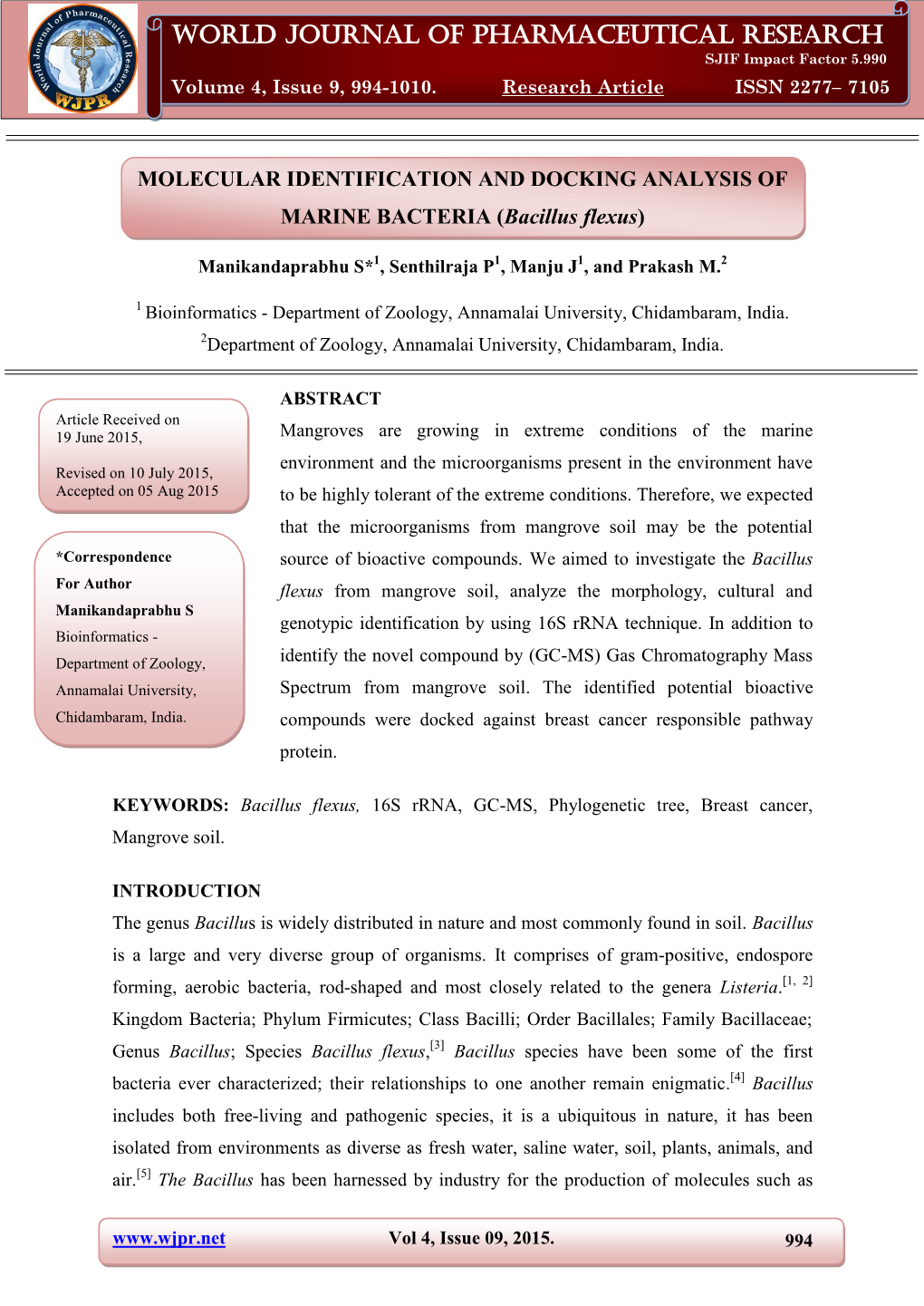 World Journal of Pharmaceutical Research Manikandaprabhu Et Al